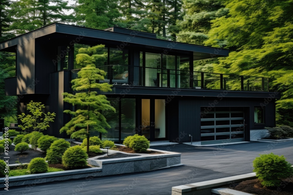 Fototapeta premium A contemporary-style house nestled in the midst of a dense forest, blending seamlessly with the natural surroundings.