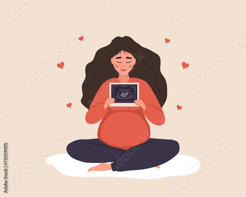 Ultrasound of baby. Pregnant woman in lotus position holding fetus silhouette photo. Embryo in womb. Baby health diagnostic. Sonography concept. Vector illustration in flat cartoon style.