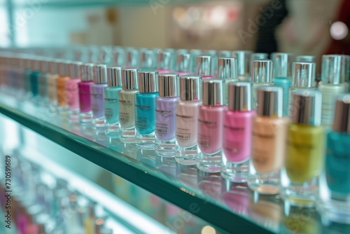 A vibrant display of vegan nail polishes in an array of pastel colors lined up on a glass shelf in a beauty store.
