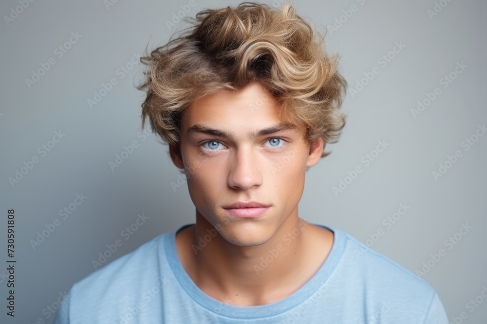 A photo of a young man with blonde hair and striking blue eyes, captured in a natural setting. - obrazy, fototapety, plakaty 