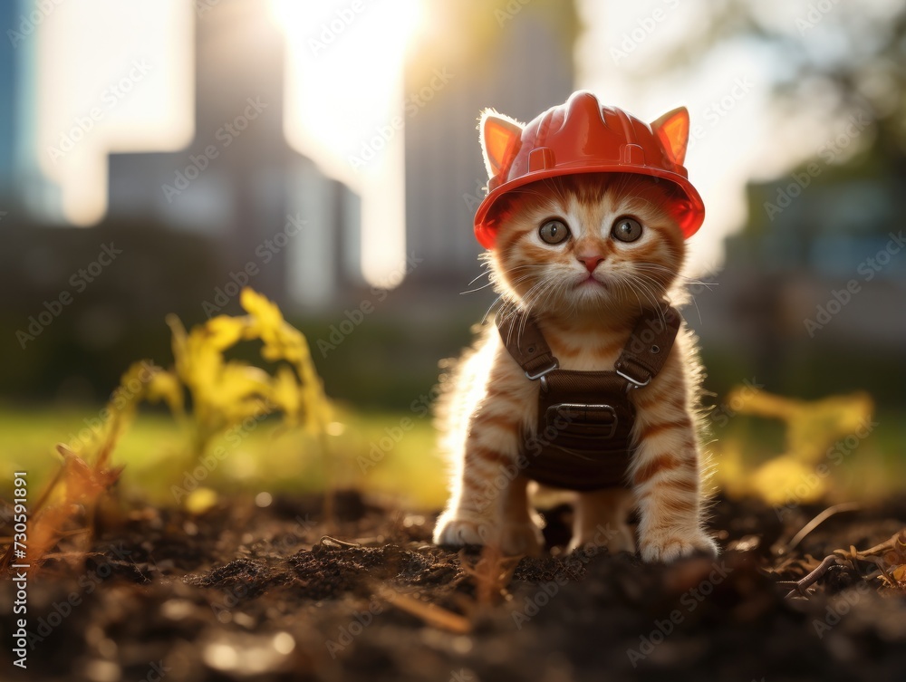A small kitten wearing a hard hat and holding a camera. Generative AI. - obrazy, fototapety, plakaty 