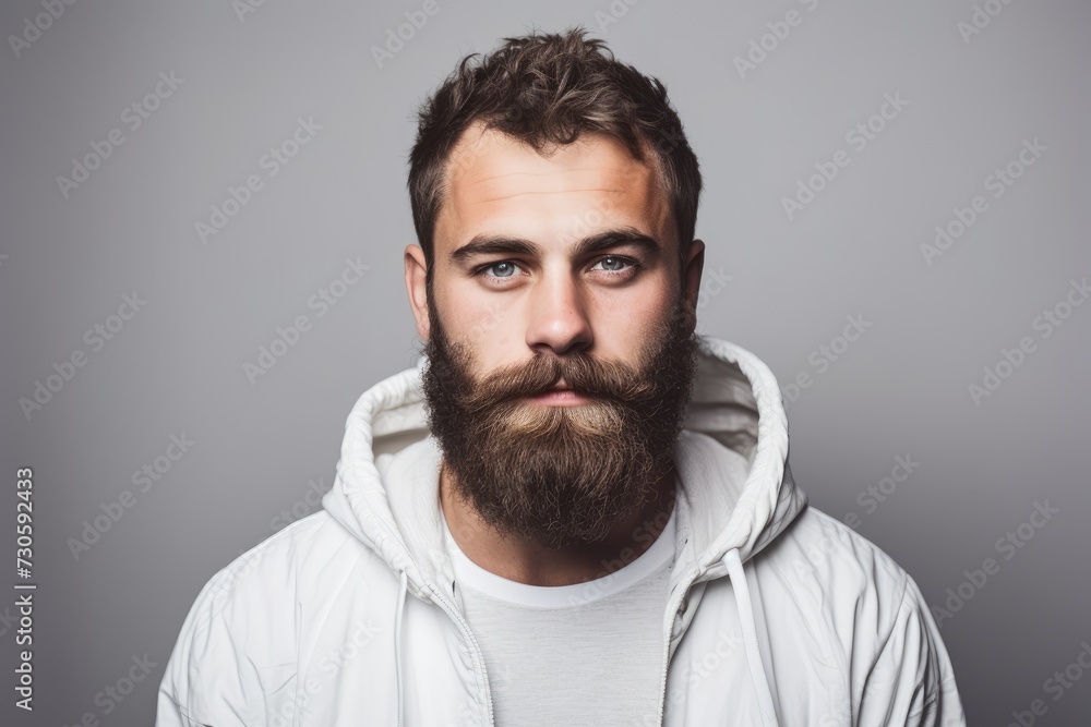 Fototapeta premium A man with a beard is seen wearing a white hoodie.