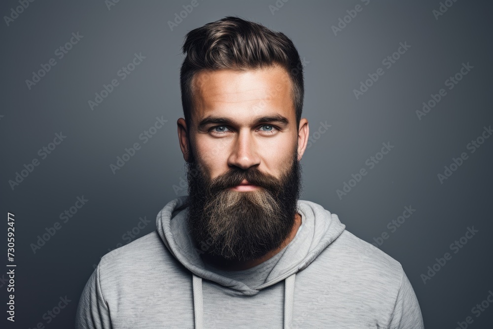 Obraz premium A photo of a man wearing a hoodie and sporting a beard.