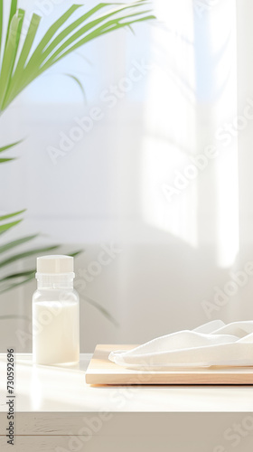 background consisting of a green fern leaf, a white board on the table, a vessel with a white liquid, against the backdrop of an open window and blue sky. Delicate tones