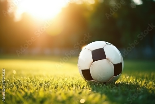 A soccer ball rests on top of a vibrant green field  creating a captivating scene of sports and nature.