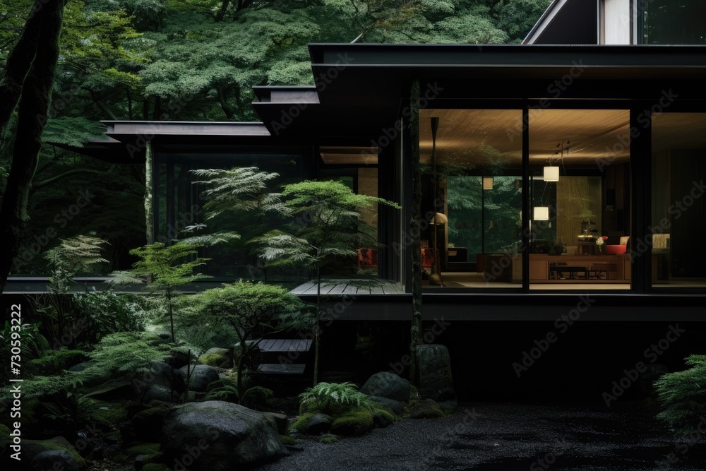 A house surrounded by lush green trees and vegetation in the heart of a thriving forest. A house surrounded by lush green trees and vegetation in the heart of a thriving forest.