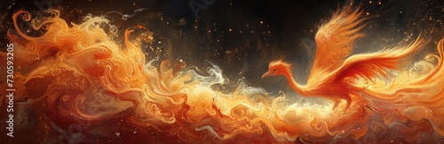 Fiery phoenix rising in the sunset, bold fiery lines, warm orange and red hues, mythical landscapes
