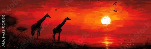 Giraffes in a safari sunset, inked outlines, warm orange tones, African savannah vistas © Tungbackground