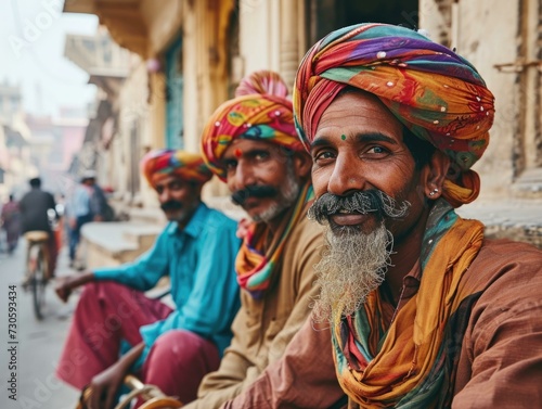 Three men in colorful turbans sitting on the street. Generative AI.