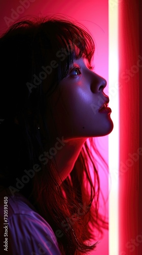 A woman is looking up at a red light. Generative AI.