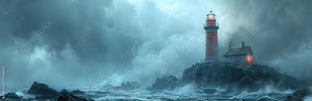 Mysterious lighthouses on rocky shores, dark ink lines, stormy grays
