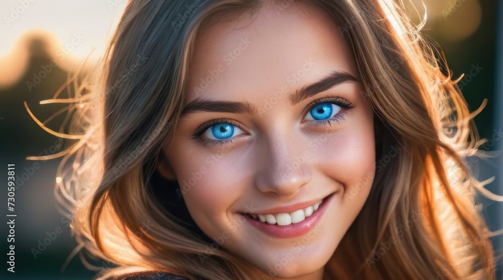 Portrait of woman with beautiful blue eyes. Hair Shines in the Sun Portrait of woman with beautiful blue eyes. Hair Shines in the Sun