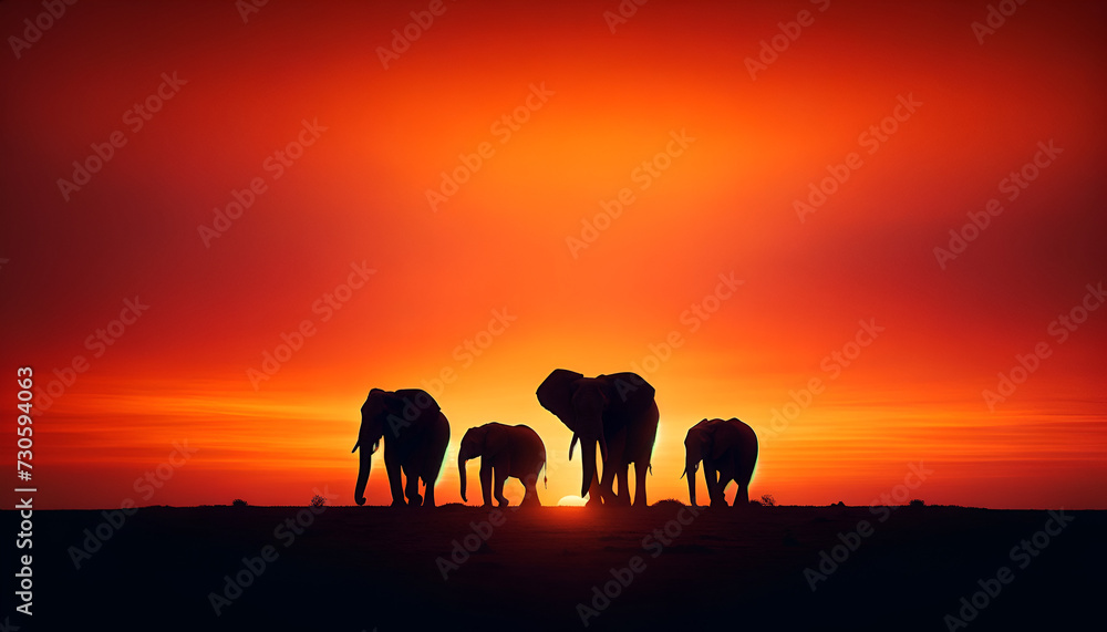 African elephant herd silhouette against a vivid orange sunset backdrop, embodying the wild's serene end-of-day march.
Generative AI.