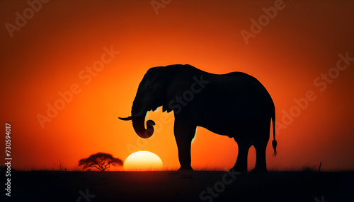 Dramatic silhouette of elephants on the move under the golden glow of a setting sun in the African savannah. Generative AI.