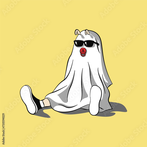 A boy wearing a white sheet pretending to be a ghost with sunglasses