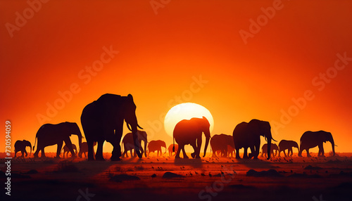 African elephant herd silhouette against a vivid orange sunset backdrop  embodying the wild s serene end-of-day march. Generative AI.