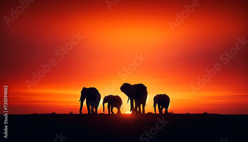 African elephant herd silhouette against a vivid orange sunset backdrop, embodying the wild's serene end-of-day march. Generative AI.
