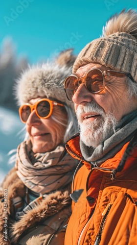 An older couple in winter clothing and sunglasses. Generative AI.