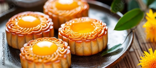 Chinese bakery item traditionally consumed during Mid Autumn Festival is durian moon cake served on a plate with egg yolk.