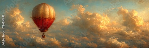 Vintage hot air balloons in the clouds, sketched lines in sepia, soft sky blues