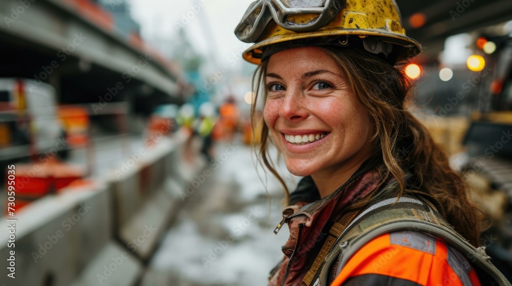 A woman wearing a hard hat and safety glasses. Generative AI. A woman wearing a hard hat and safety glasses. Generative AI.