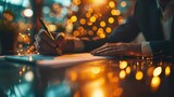 Businessman writing a contract in front of christmas lights. Generative AI.