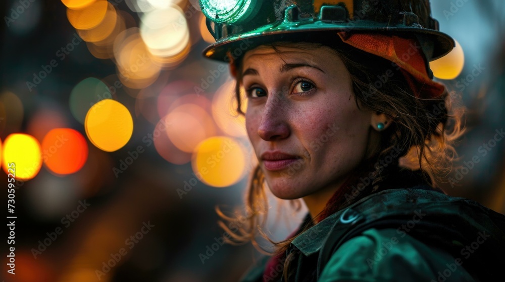 A woman wearing a hard hat and looking at the camera. Generative AI. A woman wearing a hard hat and looking at the camera. Generative AI.