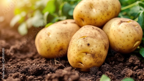 Wooden crate with raw young potatoes in field on summer day