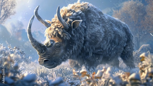 An impressive woolly rhinoceros its curved horns glistening with ice crystals as it grazes on frozen vegetation. photo