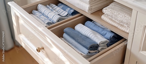Folded clothing stored vertically in the linen drawer in the Nursery Room.