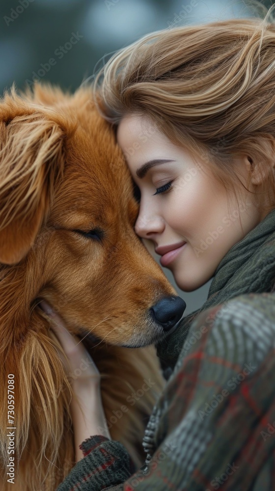 A woman is hugging a dog with her face. Generative AI.