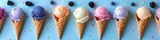 A row of ice cream cones with different colors. Generative AI.