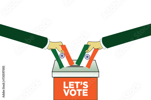 "Let's Vote" vector design Ballot Box with two hands and an Indian Flag. India General Election 2024 Concept on a white background. Ideal for use in campaign posters and banners. EPS Editable Format.