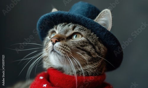 A cat wearing a hat and scarf. Generative AI.