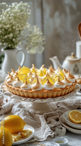 Lemon meringue pie on a white plate with lemons and flowers. Generative AI.