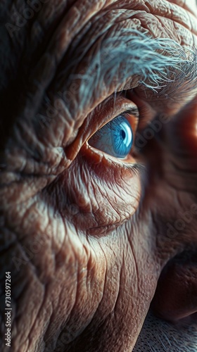 An old man's face with blue eyes. Generative AI.