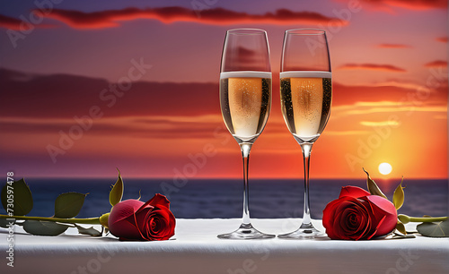 Two Champagne glasses await filling, positioned centrally on an elegant white linen table, a single red rose lying across a folded napkin, backdrop hinting at a tranquil sunset. Generative AI