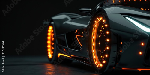 Close-up Photo of the Front-end Corner of a Sleek Sports Car, Painted in Dark Grey with Burnt Orange LED Lights.