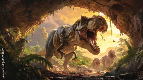 A ferocious tyrannosaurus rex ambushes a group of unsuspecting hadrosaurs from within a hidden underground cave. © Justlight
