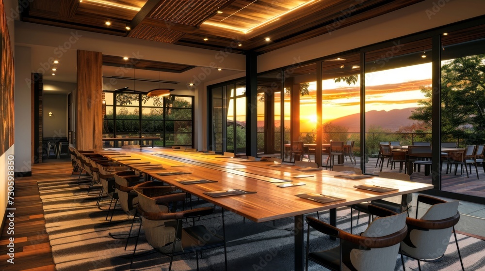 Fototapeta premium The glenclosed meeting room allows for transparency and collaboration in a warm and natural setting surrounded by the glow of the sunset.