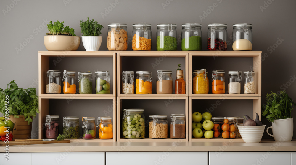 Home storage, organize home, shelf and storage for food and stuff in kitchen home design concept Home storage, organize home, shelf and storage for food and stuff in kitchen home design concept