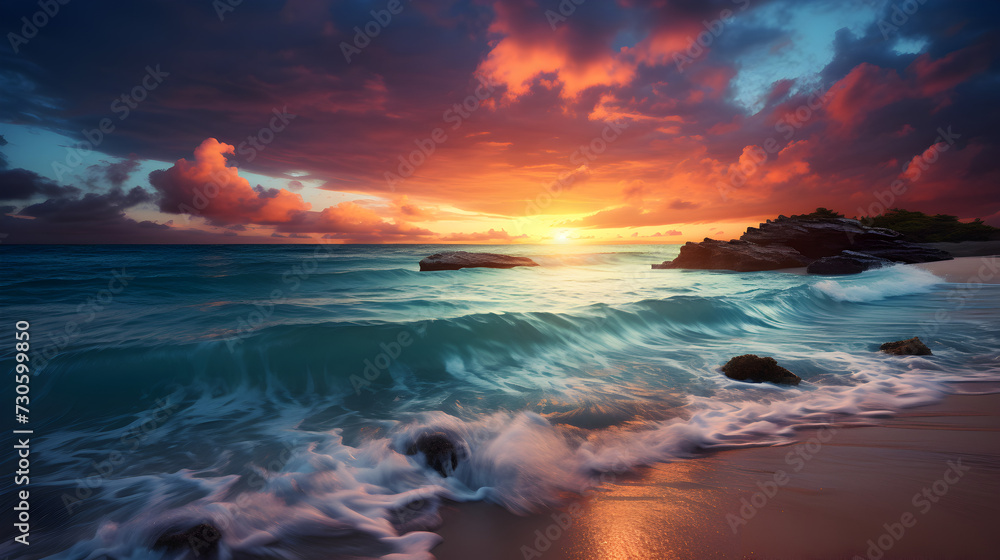 Ocean waves horizon sunset canvas painting wall art powerful waves anime style ,,
beautiful sea evening sunset juicy orange sun and surf waves Pro Photo

