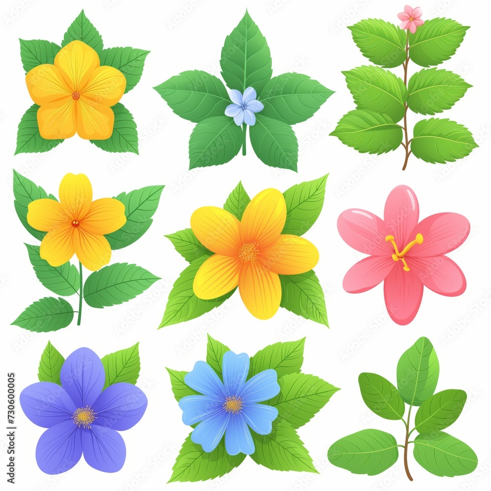 spring element set collection,tropical flowers and leaves,isolated on white background spring element set collection,tropical flowers and leaves,isolated on white background