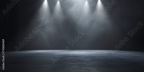 Spotlights cast their beams onto an empty stage against a dark background, atmosphere of anticipation and potential for performance or presentation. photo
