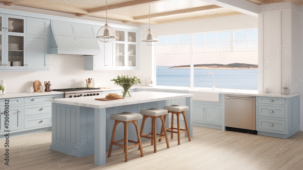 Fototapeta premium Breezy Coastal Kitchen with Stunning Sea Views - Beachfront Elegance