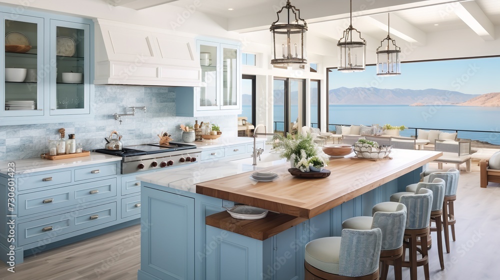 Breezy Coastal Kitchen with Stunning Sea Views - Beachfront Elegance Breezy Coastal Kitchen with Stunning Sea Views - Beachfront Elegance