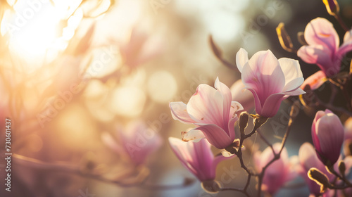 branch of blooming mimosa in sunlight, spring background, bokeh