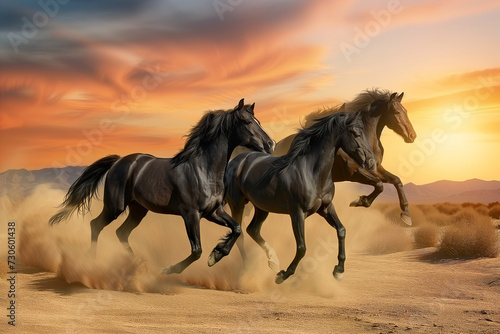 three graceful black horses galloping across the desert