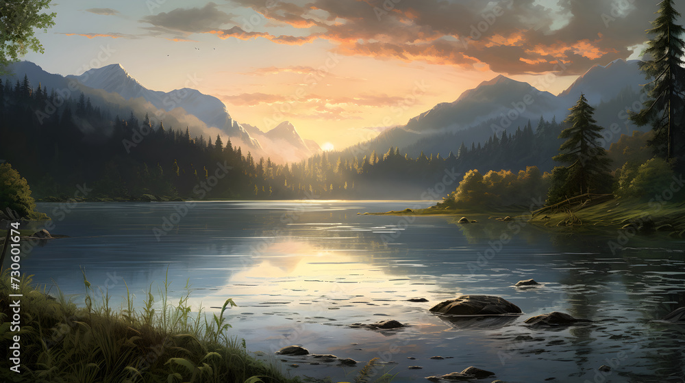 Meticulous landscape painting ,,
AI Generated. AI Generative. Beautiful nature outdoor landscape background. Lake river forest and mountain view. Adventure explore vibe. Graphic Art Pro Photo

