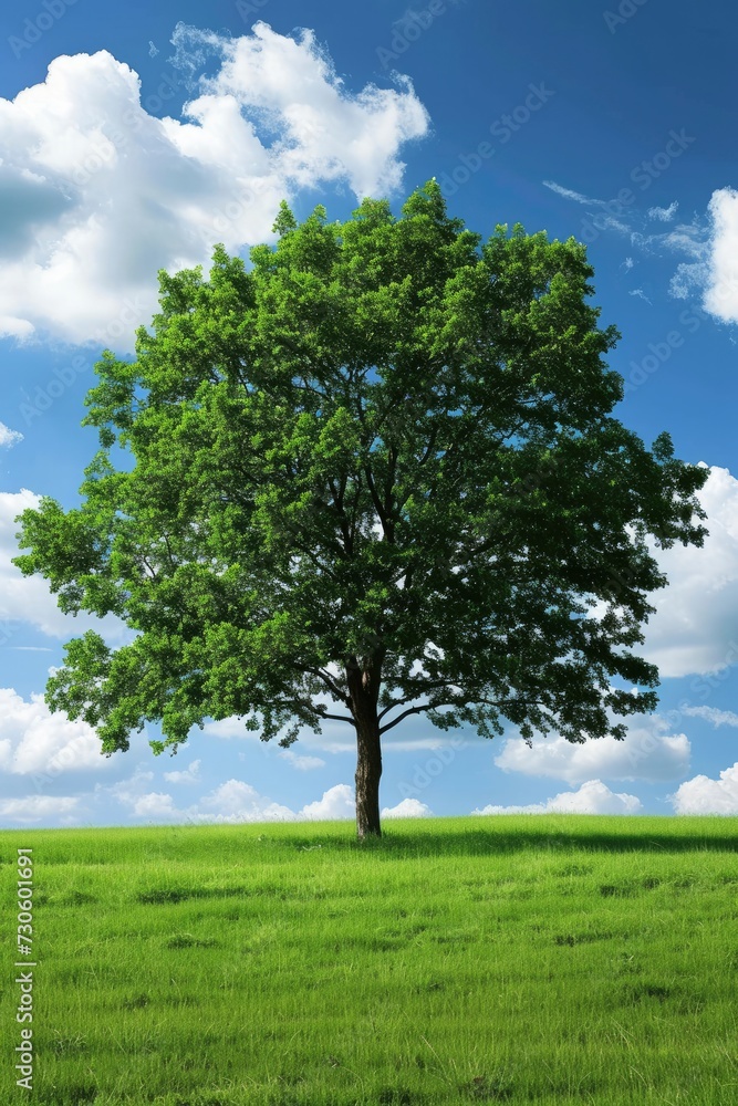 Nature Majesty, A Green Meadow with a Towering Tree Reaching Up to the Sky, Emanating a Sense of Peace and Grandeur. Nature Majesty, A Green Meadow with a Towering Tree Reaching Up to the Sky, Emanating a Sense of Peace and Grandeur.